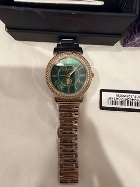 Just Cavalli Green Dial Crystal Bezel Stainless Two-Tone Bracelet Watch 6.5wrist